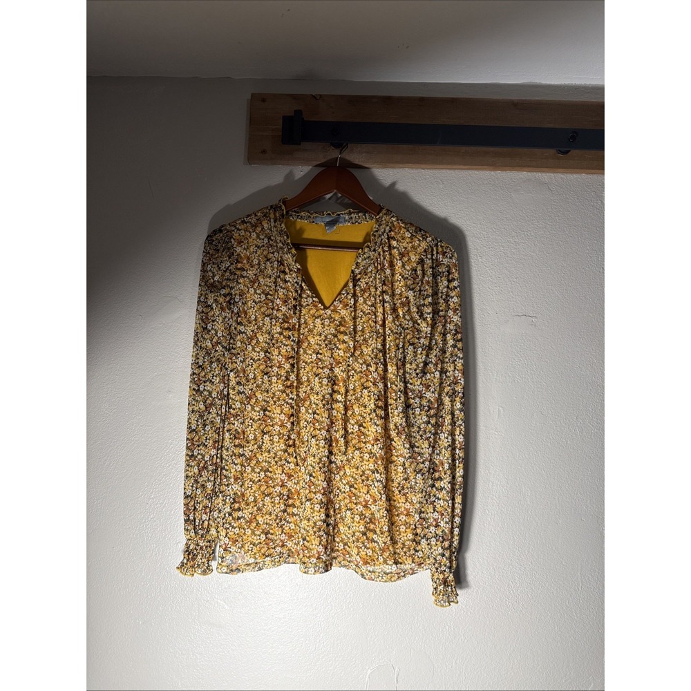 By Design‎ Floral Lined Blouse Long Sleeve Ruffled Neck Golden Women's XL